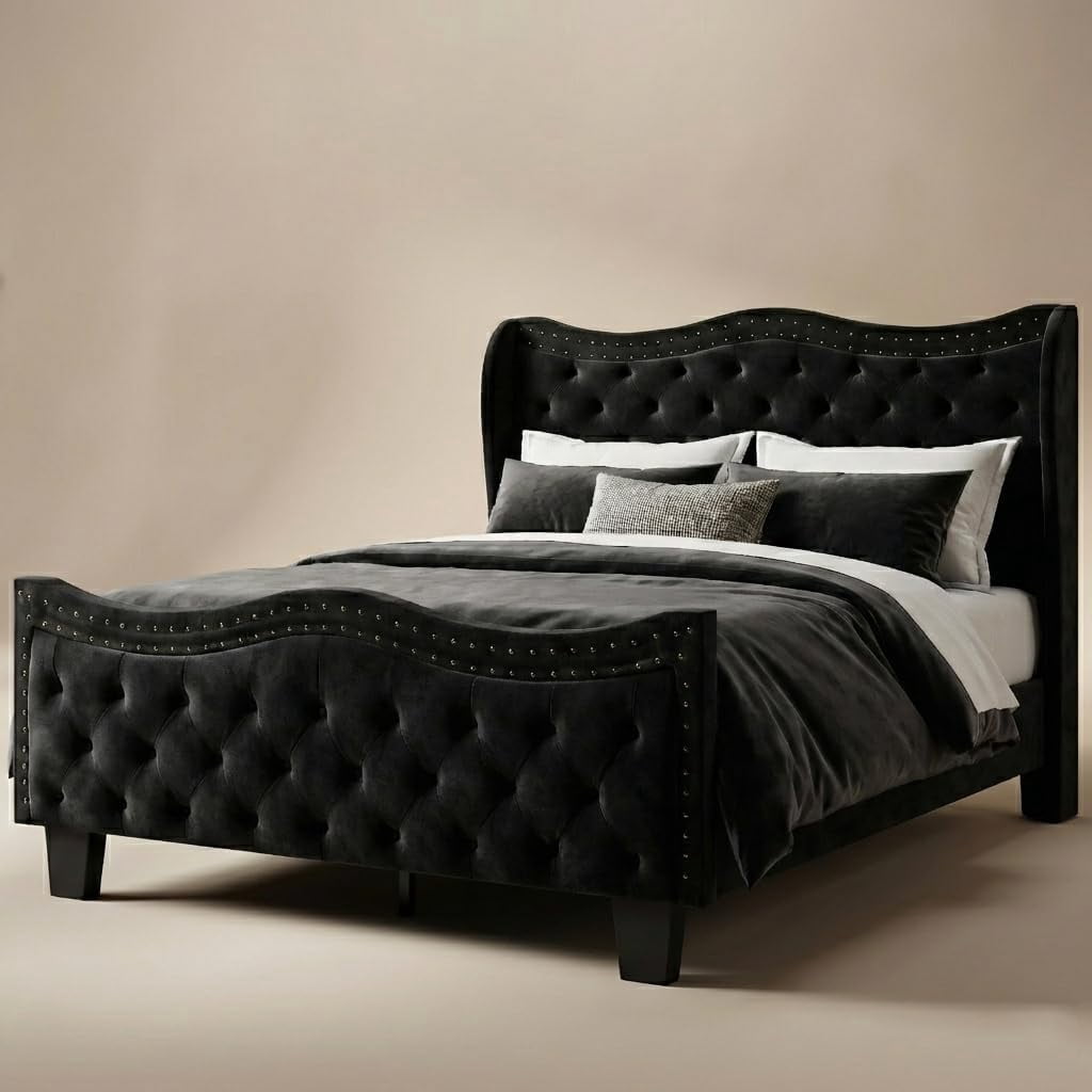 Queen Size Bed Frame with Headboard and Footboard, Upholstered Platform Bed, with 50 Inch Tall Wingback Tufted Headboard, Jet Black Velvet Button Tufted, Sturdy/No Box Spring Needed/Noise Free