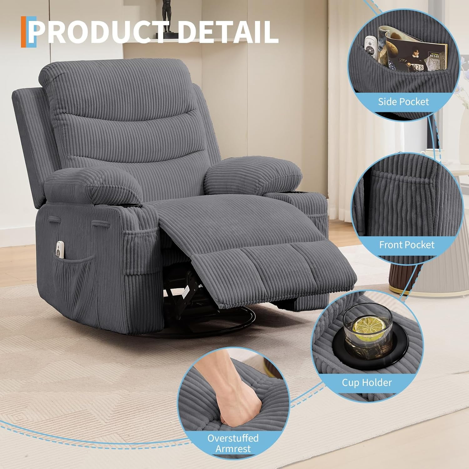 Recliner Chair Nursery, Oversized Manual Reclining Rocking Chair, Corduroy 360 Swivel Glider with Cup Holder, Massage and Heat Recliner, Small Sofa Chairs for Adults, Living Room,（Corduroy，Gray）