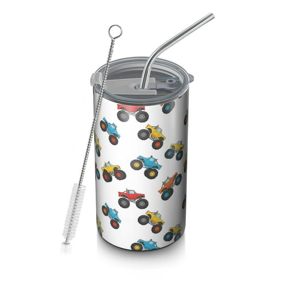 20oz Coffee Tumblers White Comic Monster Cartoon Trucks Pattern Stainless Steel Vacuum Insulated Travel Tumbler Coffee Cups Mug with Lid and Straw with Cleaning Brush for Cold & Hot Drinks