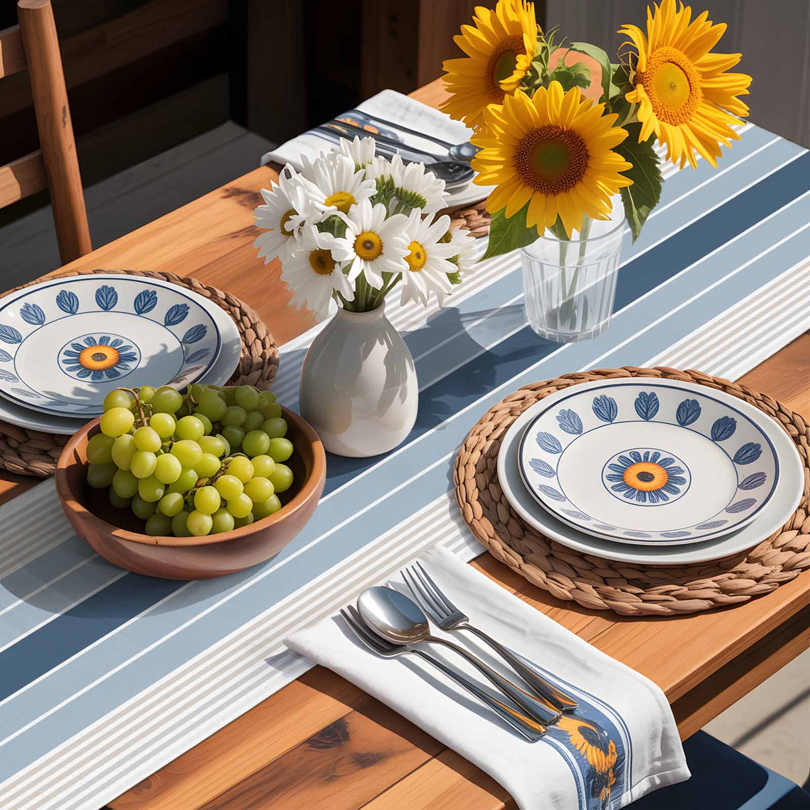 Blue Stripes Abstract Geometric Table Runner 90 Inches Long, Minimalist Style Table Runners Tabletop Scarf Kitchen Dining Tables Decoration for Home Party Indoor Outdoor