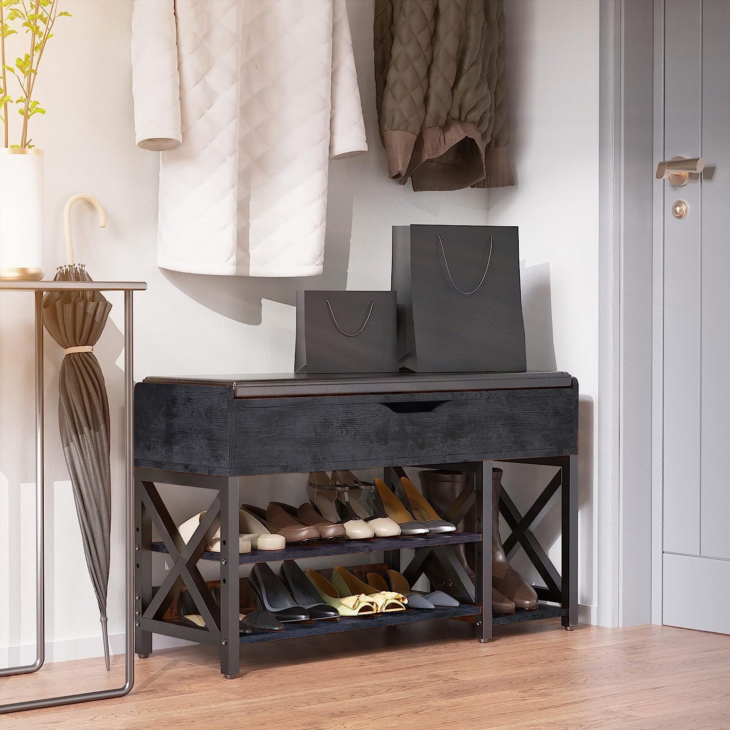 Shoe Bench, Lift Top Shoe Storage Bench, Adjustable Shelf Entryway Bench, Metal and Wood Shoe Rack Organizer with Cushion for Entry, Bedroom, Closet, Living Room, Hallway (Black, 39.5“W)