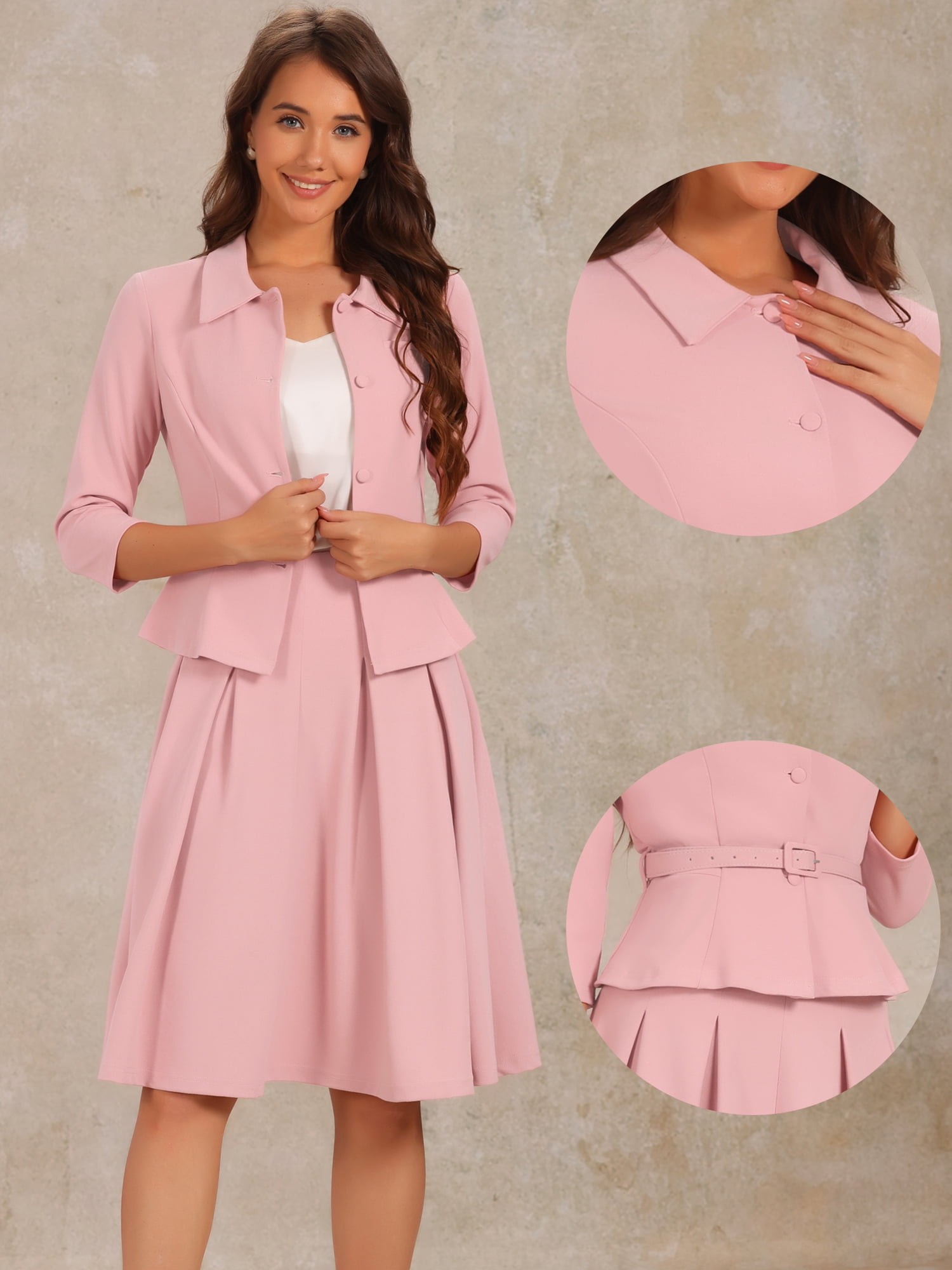 DARING DIVA Women's 2 Pcs Long Sleeve Jacket Pleated Skirt Suit Sets S Dusty Pink