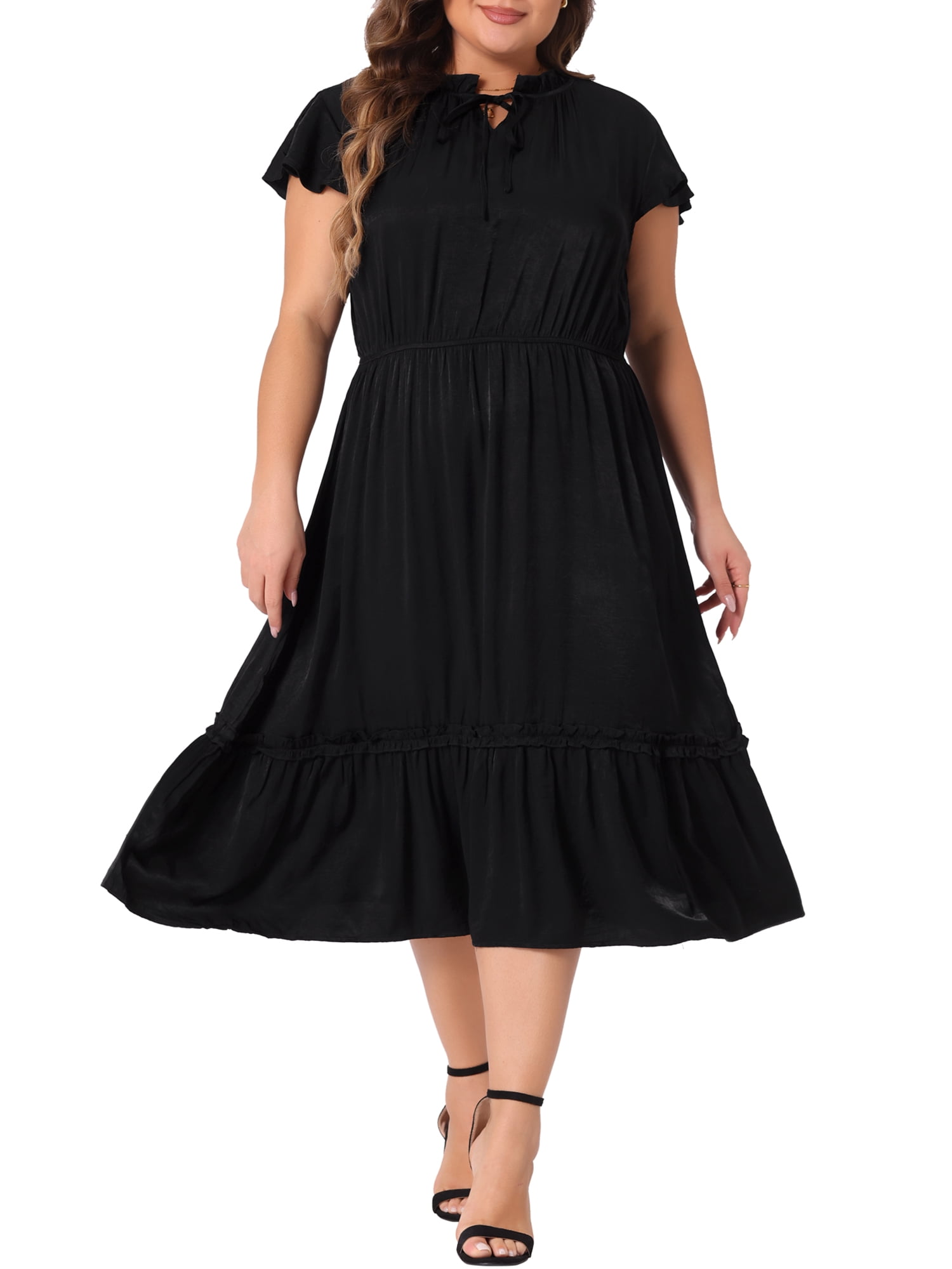 DARING DIVA Plus Size Bow Tie Neck Ruffle Cap Sleeve A Line Midi Dress 1X Black