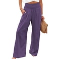 thumbnail image 2 of Pantalones de pierna ancha para mujer, elásticos, de cintura alta, color puro, informales, para citas diarias, playa, color morado claro L, 2 of 5