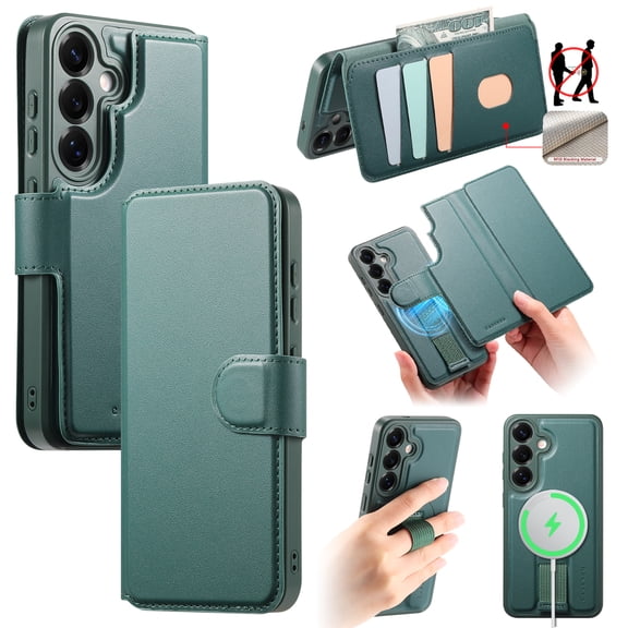 for Samsung Galaxy S25 Ultra Wallet Case with Card Holder & Detachable Magnetic Case, PU Leather All-Round Protective Cover with RFID Blocking, Stand, Wristband, Support Wireless Charging, Green