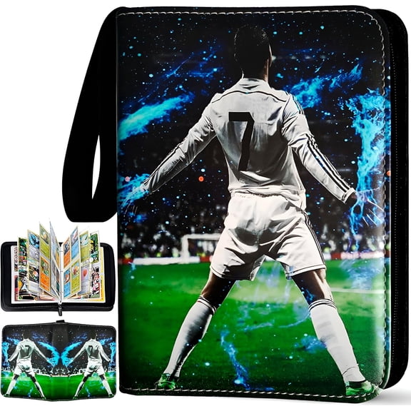 Soccer Card Binder 440 Pockets, 55 Sleeves Small Soccer Binder 3 Ring Zipper Trading Cards Holder 4 Pocket, Sport Card Collection Folder Book Storage Organizer, Album Case Protector Collector Gift