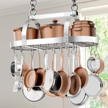 34 Inch Heavy Duty Chrome Hanging Pot Rack Ceiling Mount Oval Pot and Pan Hanging Rack Pan Hanger for Kitchen Storage Organizer with 20 S Hooks (For 16 and 24 Ceiling Stud)