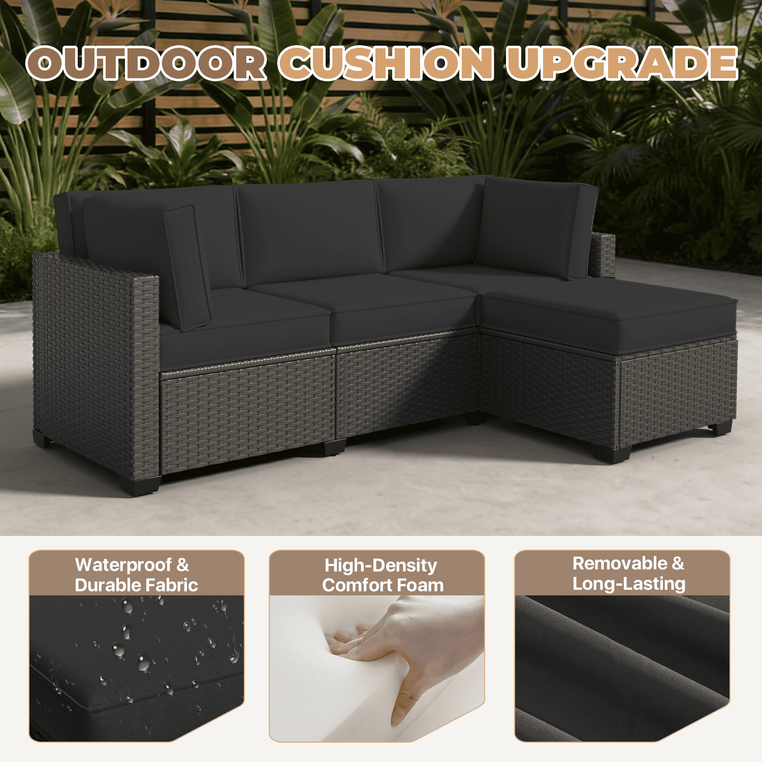 BaPiPro 4-Person Black Outdoor Sectional Sofa Cushions, Waterproof Polyester Patio Cushions with High-Density Sponge & Side Pillows, No Assembly for Backyard, Balcony, Deck & Poolside