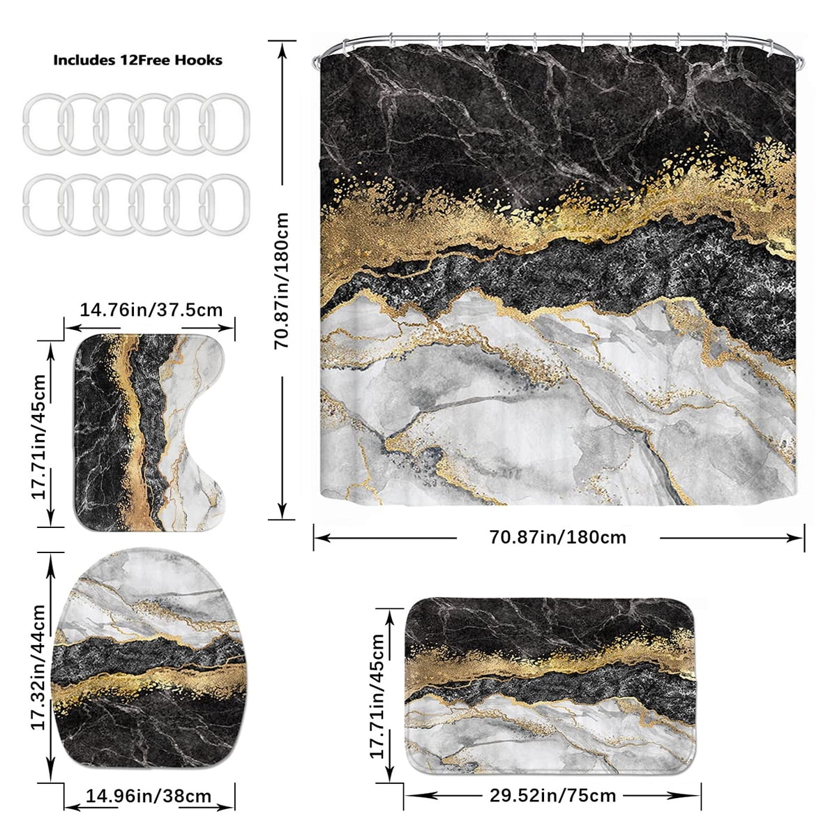 Dznils Marble Shower Curtain and Bath Rug Set, Modern Fabric Bathroom Curtain Sets, 72" x 72", Black