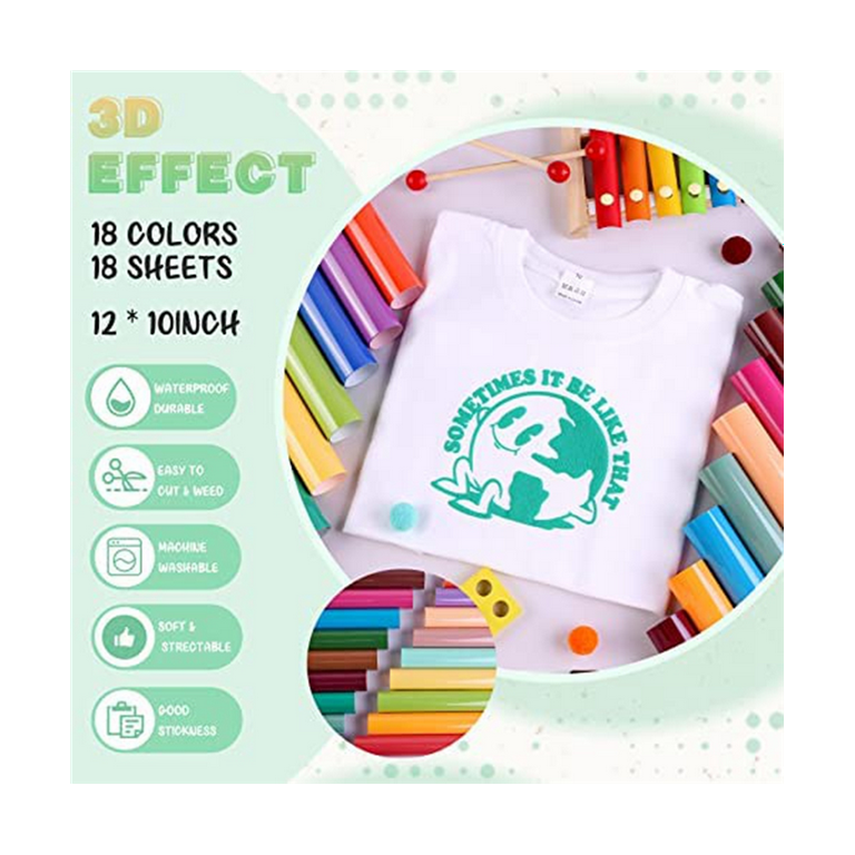  18 Puff Vinyl Heat Transfer 3D Sheets - 12 x 10 Inch, Assorted  Colors, Puff HTV Vinyl with Teflon Transfer Sheet - Puffy Vinyl for T  Shirts, Clothes, Bags, Pillows & Other Textile Fabric