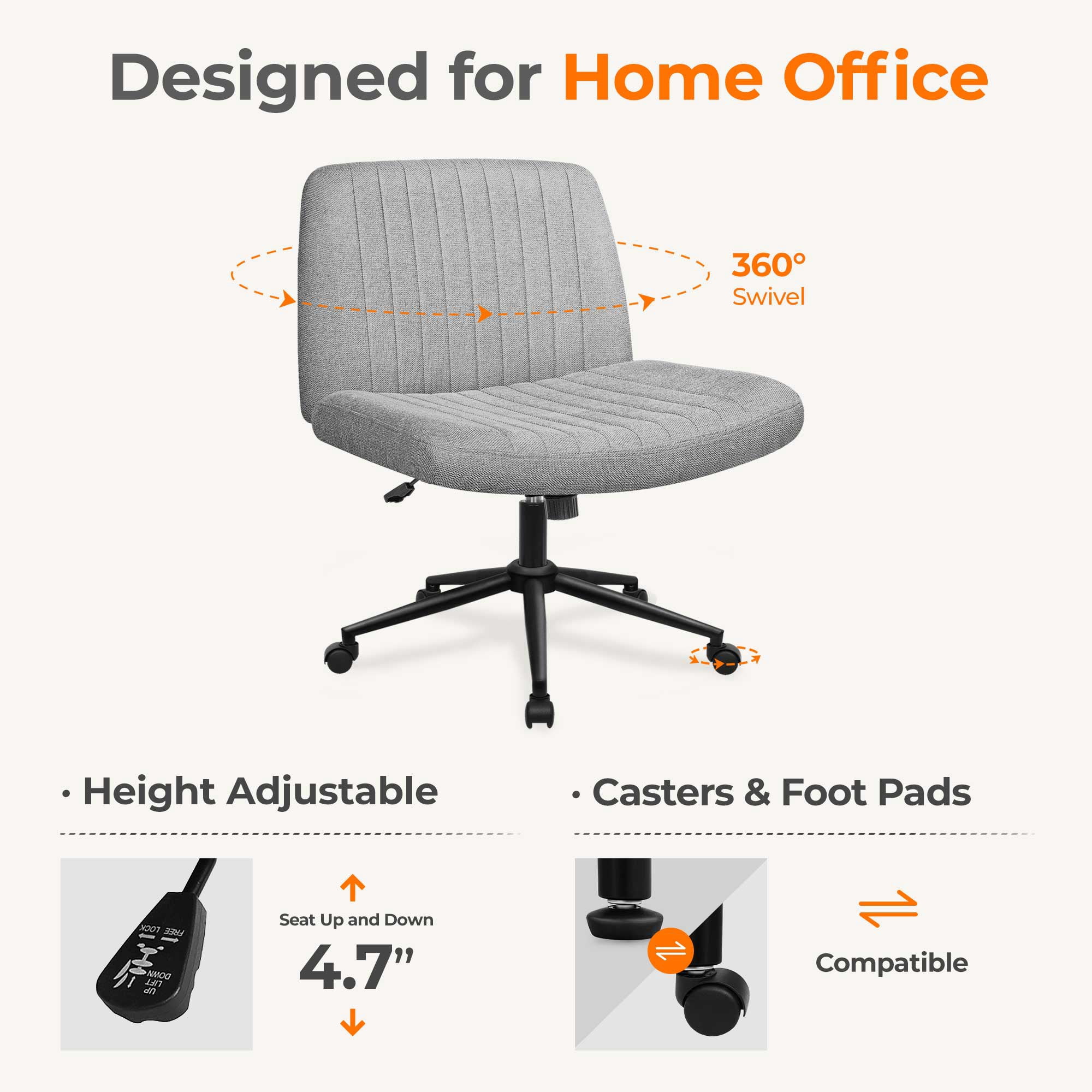 NEO CHAIR Criss Cross Chair with Wheels Armless Cross Legged Office Desk Wide Comfy Vanity Makeup Chair Adjustable Swivel Rolling Computer for Home Office Fabric (Grey Dual Base)