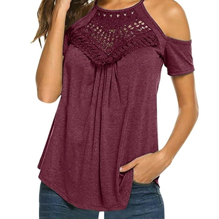 

Womens T-Shirts Trendy Cold Shoulder Lace Splicing Ruffle Hem Flowy Tunic Tops Loose Fit Comfy Crewneck Solid Blouses
