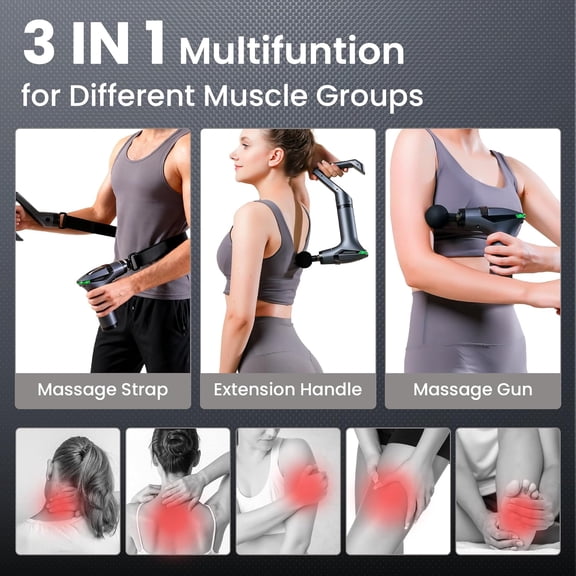 3-in-1 Detachable Percussion Massage Gun with Extension Handle & Strap, Deep Tissue Muscle Massager for Back Neck Shoulder Pain Relief, Portable Quiet Travel Gym Office - 12 Speeds 4 Heads