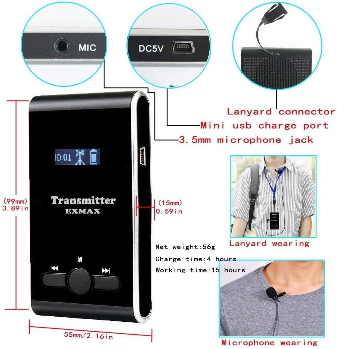 EXMAX® EX-100 Wireless Tour Guide System Microphone Earphone Headset for Church Translation Walking Museum Tour Courtroom Assitive Listening (1 Transmitter 15 Receivers 16-Ports USB Charger Base)