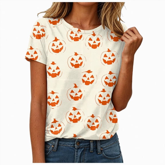 NOLDARES Halloween Shirts for Women Funny Halloween Ghost Tshirts Fall Spooky Pumpkin Gift Top(Light Yellow,M)