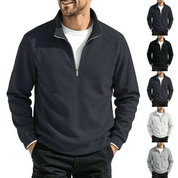 Liuinsasek Mens Stand-Collar Sweatshirt With Zipper Solid Color Fashion Relaxed Fit Pullover Shirt Daily Casual Clothing