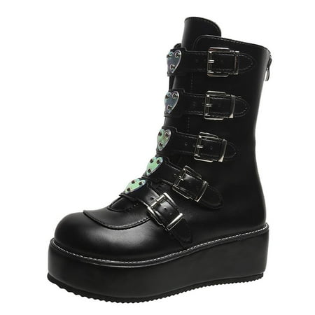 

Dezsed Womens Goth Ankle Boots Clearance Women Boots Retro Flat Bottom Shoes Casual Boots Plus Size Mid Calf Zipper Boots Black