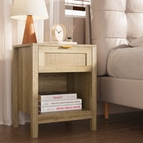 KIGOTY Rattan Nightstand, Night Stand Bedside Table with Drawer, Farmhouse End Side Table with Open Shelf for Bed Room, Oak