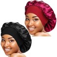 thumbnail image 1 of Gorro de dormir KPLFUBK con banda elástica ancha de satén, suave y cómodo para cabello negro de mujer (paquete de 2), 1 of 4
