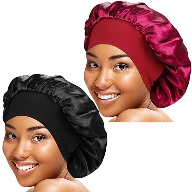 Gorro de dormir KPLFUBK con banda elástica ancha de satén, suave y cómodo para cabello negro de mujer (paquete de 2)