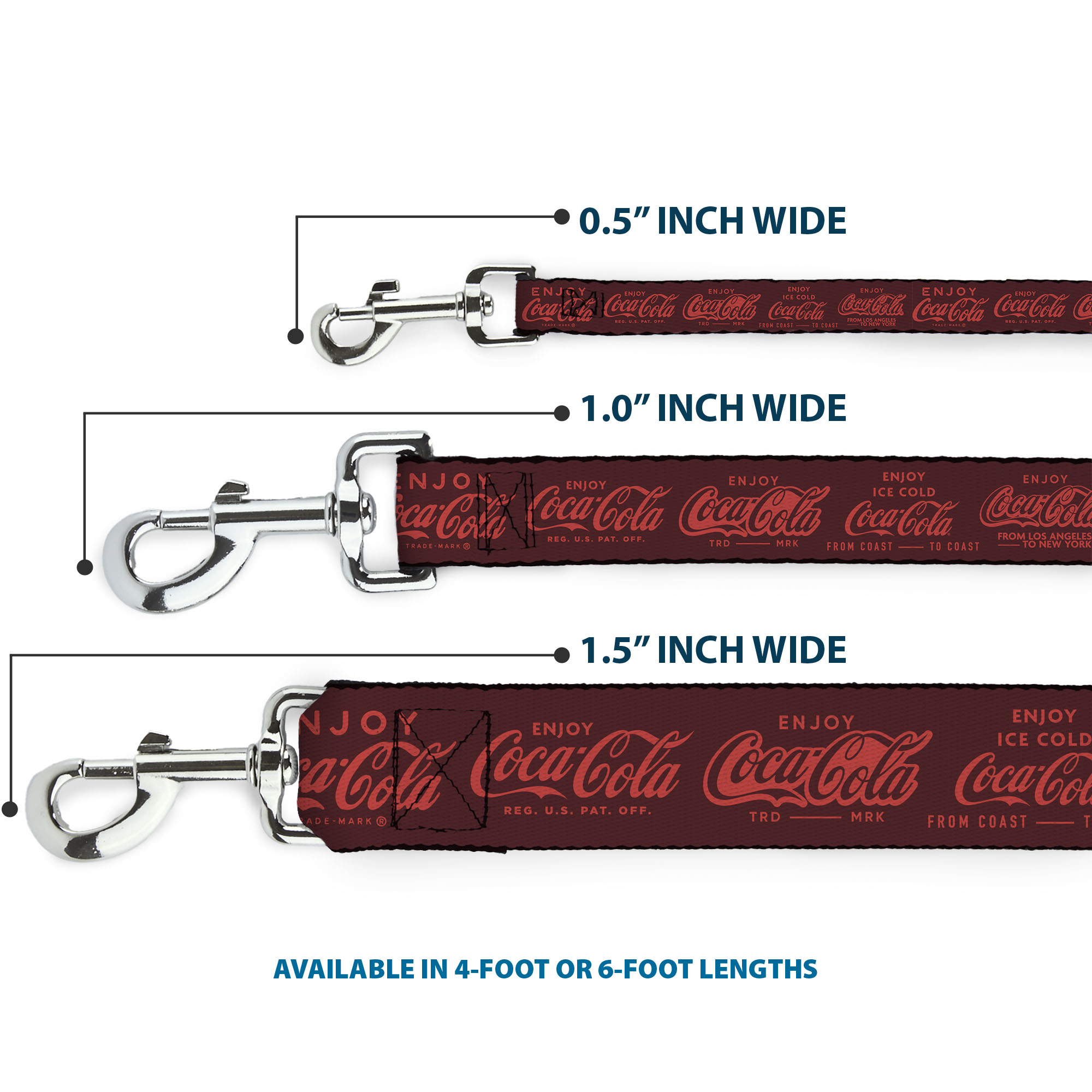 The Coca-Cola Company Pet Leash, Dog Leash, Enjoy Coca Cola Logos Brown Red, 6 Feet Long 1.0 Inch Wide