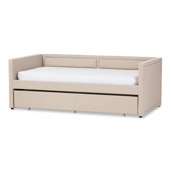 Baxton Studio Raymond Modern and Contemporary Fabric Nail Heads Trimmed Sofa Twin Daybed with Roll-Out Trundle Guest Bed, Multiple Colors