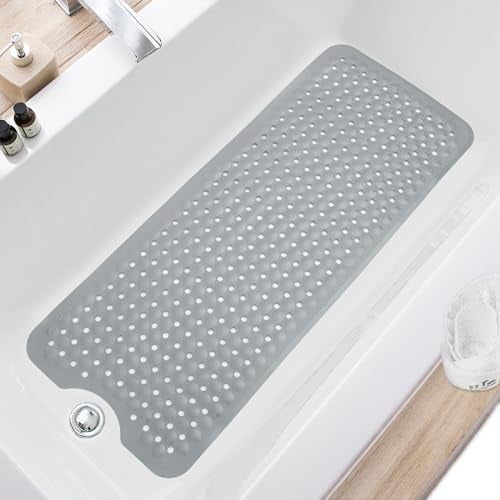 Bath Tub and Shower Mats  Non Slip 40 X 16 Inch Extra Large Bathtub Mat  Machine Washable Bathmat with Drain Holes  Suction Cups for Bathroom Floor  Gray
