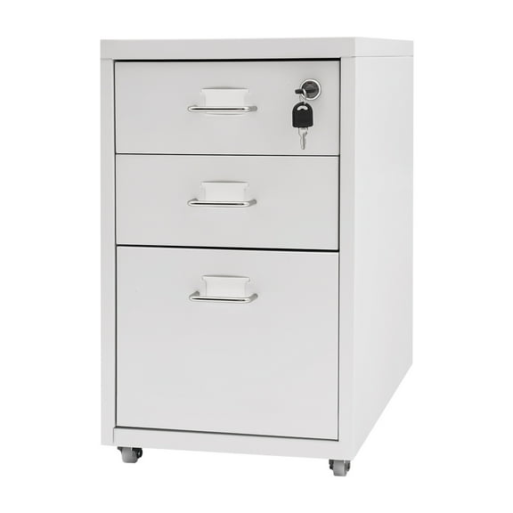 WLGSG 3 Drawer Vertical File Cabinet Metal Rolling Filing Cabinet with Lock & Wheels White Office Storage File Cabinet for Office/Home (White)