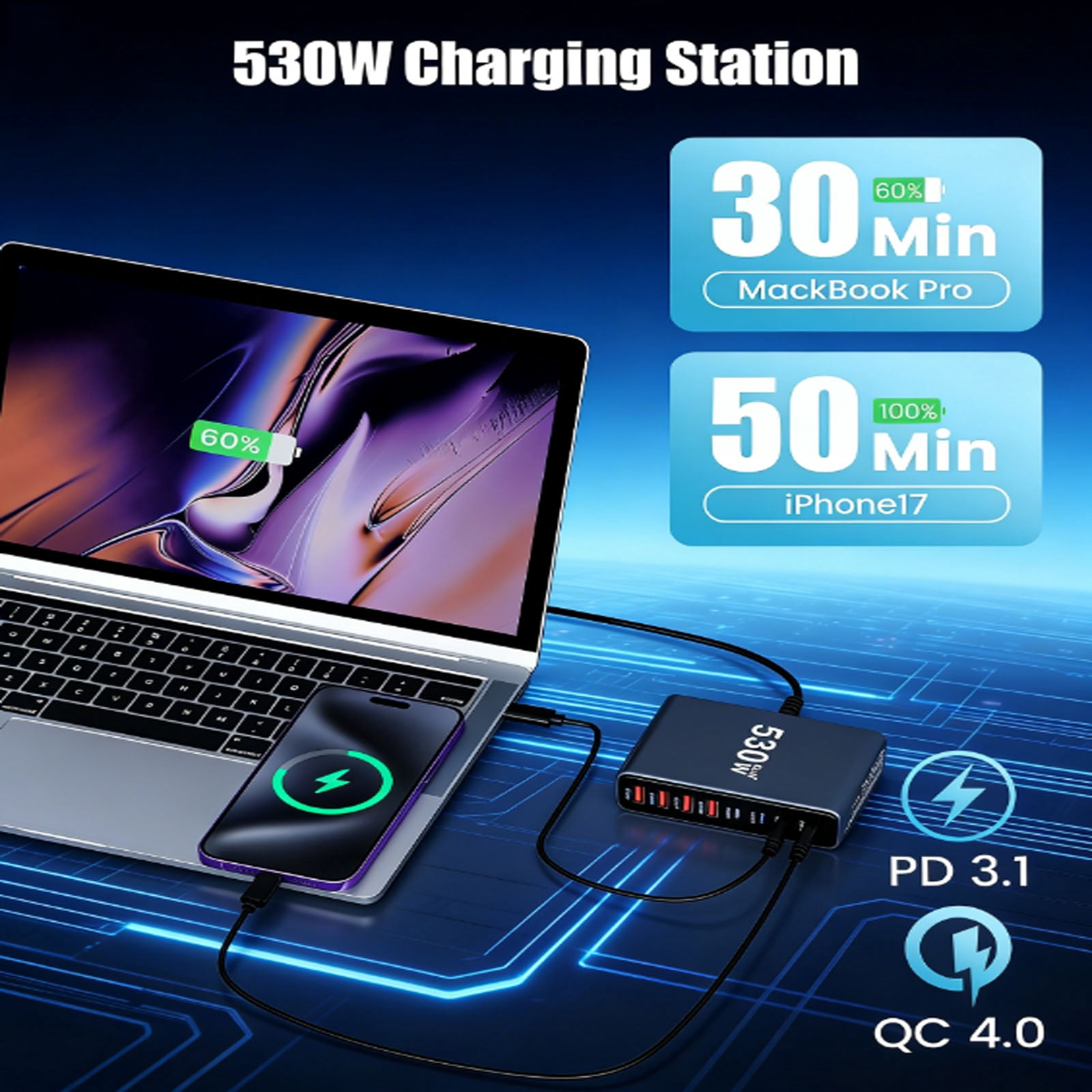 BALoFI 530W USB C Charger Block, 8-Port GaN IV USB C Charging Station, 100W Laptop Fast Charger Adapter, Travel Essentials for MacBook Pro/Air, Dell, iPad, Samsung Galaxy