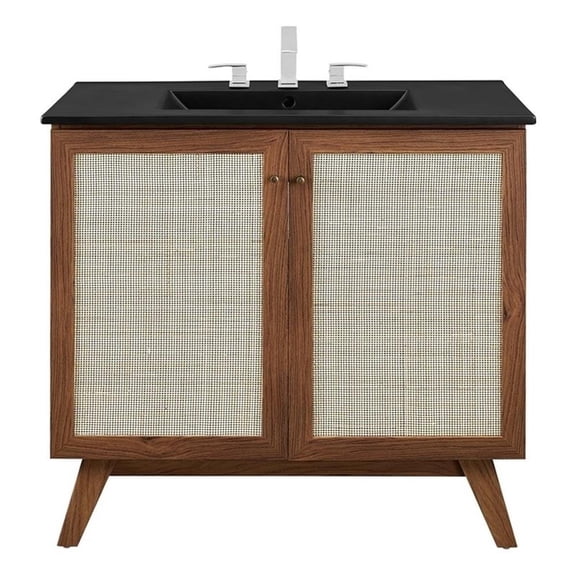 Modway Soma 36" Modern Wood Bathroom Vanity with Rattan Door in Walnut/Black