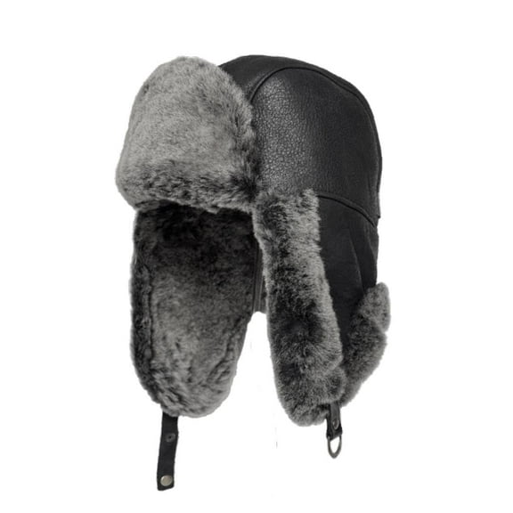 Leather Aviator  Ushanka Trapper Shearling Sheepskin Fur Ear Flap Waterproof Winter Hat (US, Alpha, 3X-Large, Black/Gray)
