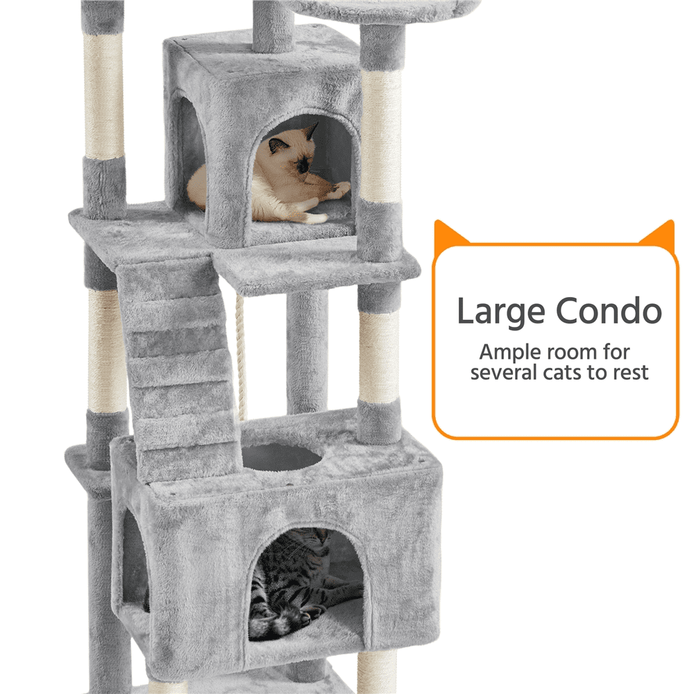 Alden Design 72″ H Multi-Level Large Cat Tree with 2 Cozy Perches for Medium Cats, Light Gray