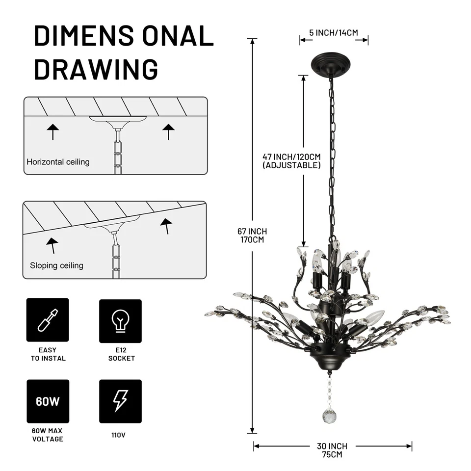 LUOLAX Modern Crystal Chandelier 7-Light Black Branches Ceiling Lamp Pendant Fixtures