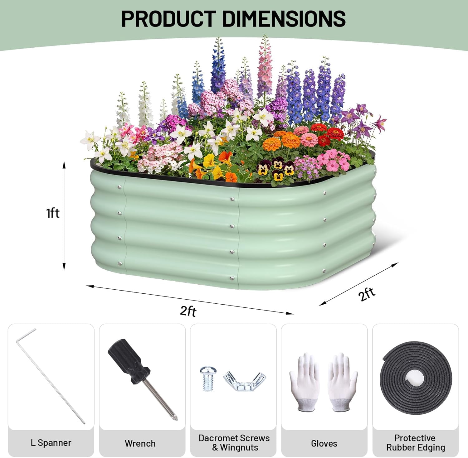 2 Pcs Galvanized Raised Garden Bed, Raised Garden Beds Outdoor, Squircle Planter Raised Beds with Gloves and Rubber Edge Trim for Vegetables, Flowers and Herbs, 2x2x1 FT, Green/Dark Grey