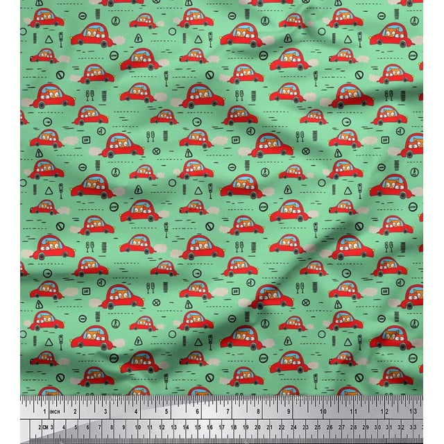 Soimoi Modal Satin Fabric Car & Owl Cartoon Print Fabric by Yard 42 Inch Wide