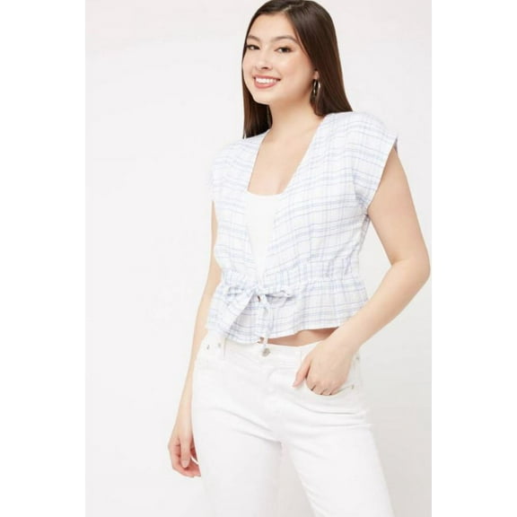 Mink Pink BLUE/WHITE PLAID Linen Tie Front Crop Top, US X-Small