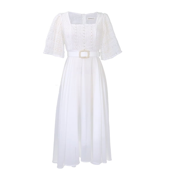 AURA Plus Size Women 2026 Summer Square Neck Chiffon Splicing Beaded A Line Midi Dress with Belt