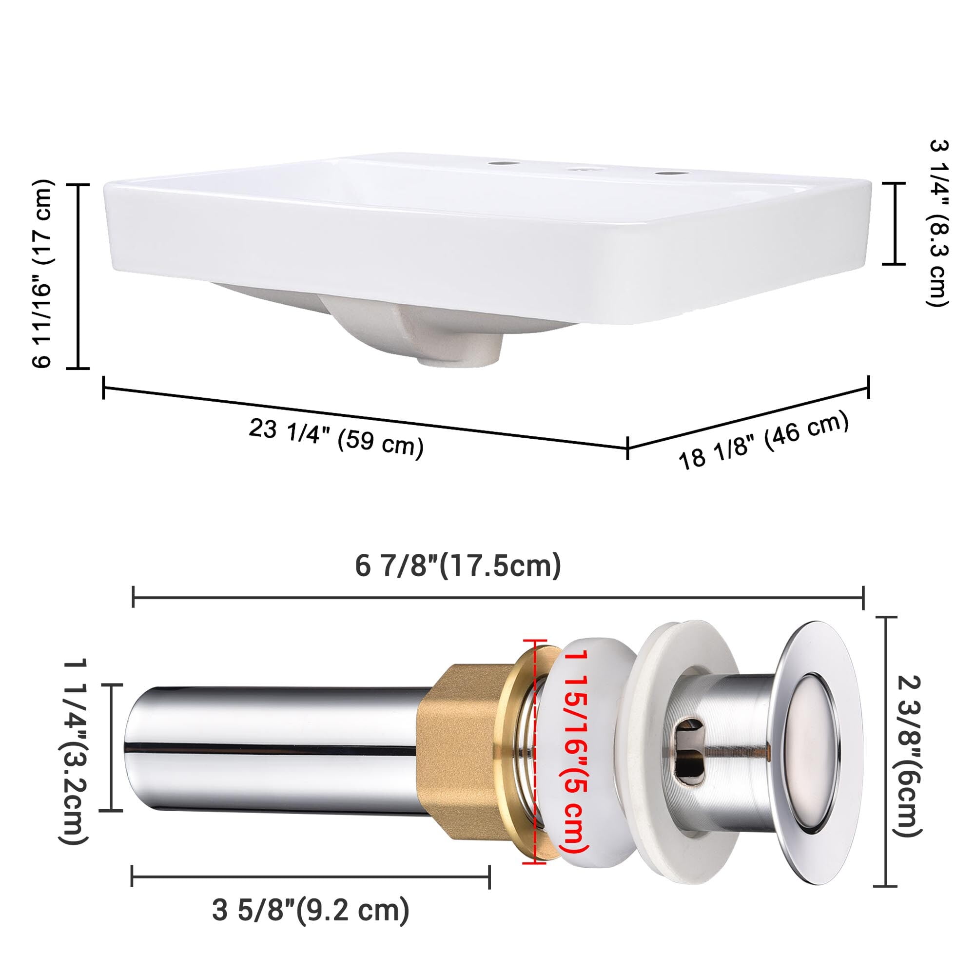 Aquaterior 23" Vessel Sink Drop in Ceramic Basin Pop up Drain Bathroom 2 Pack
