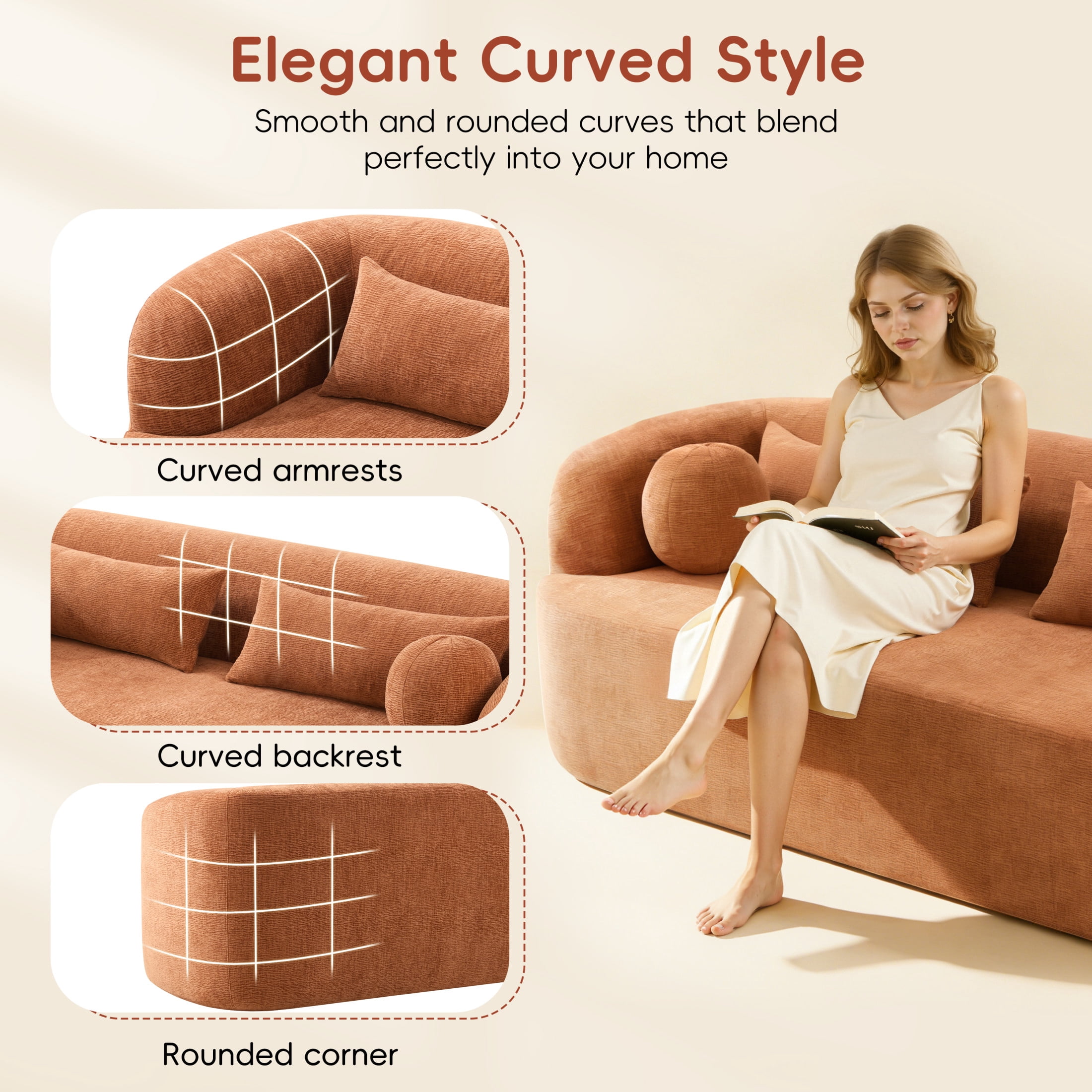 Noble House 86" Modern Chenille Boneless Sofa, 3-Seater Curved Cloud Couch with Pocket Springs for Living Room, Orange
