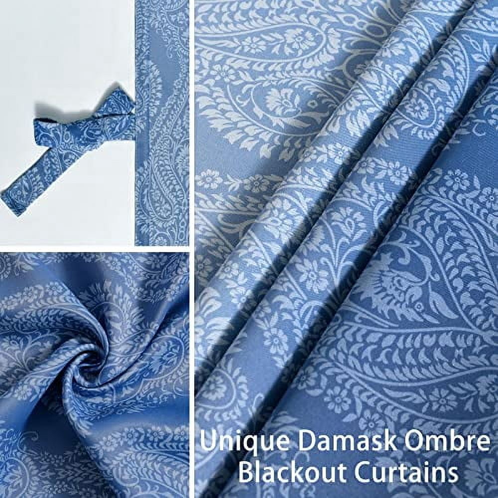DWCN Ombre Blackout Curtains–Damask Patterned Thermal Insulated Noise Reducing Grommet Curtains for Bedroom Living Room, 55 x 69 Inches, Set of 2 Panels with Tiebacks, Navy Blue