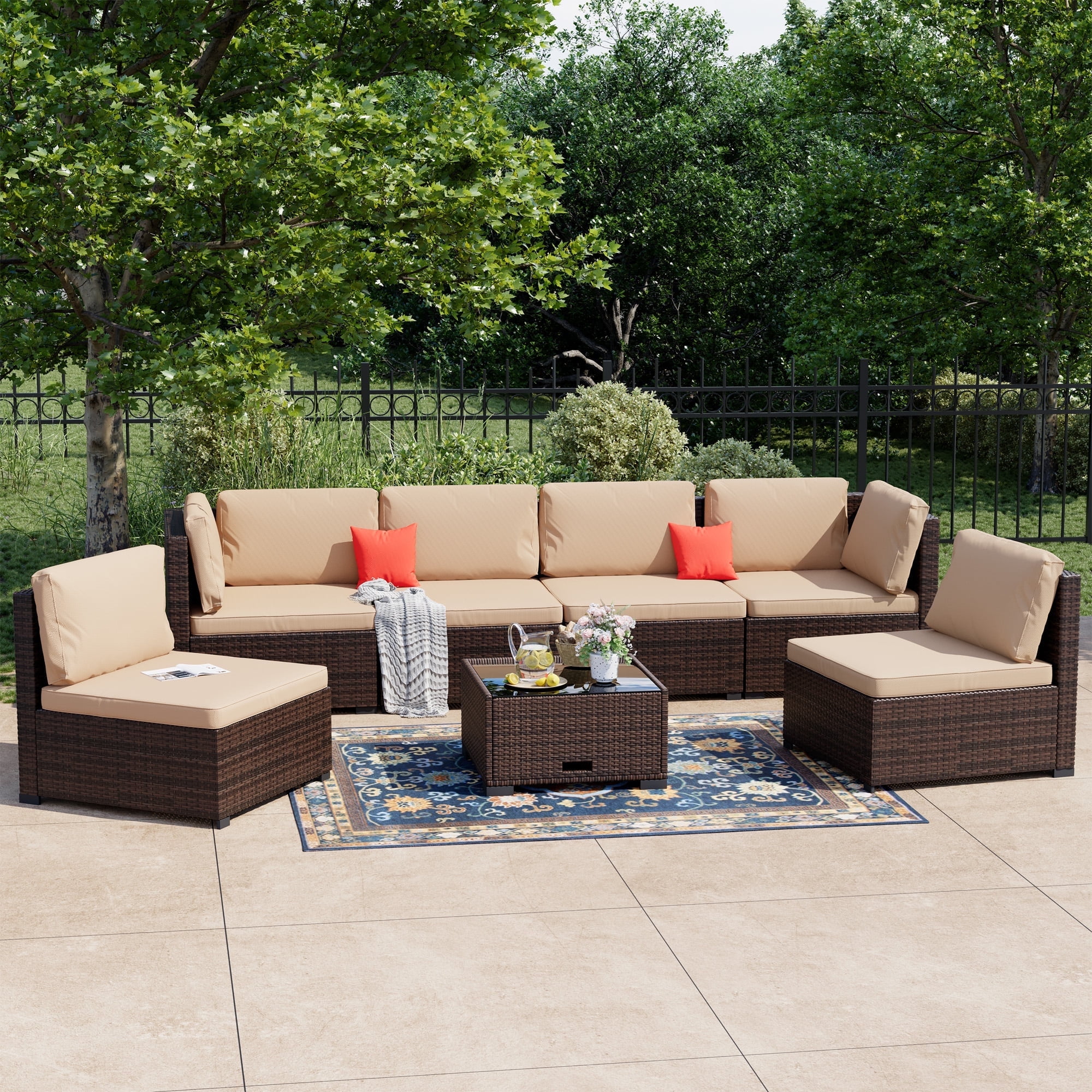 LHBcraft 7-Piece Outdoor Patio Furniture Set, All-Weather PE Rattan Sectional Sofa with Cushions and Coffee Table