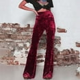 thumbnail image 4 of BLVB Women's Velvet Elastic Waist Flare Leg Palazzo Long Pants Casual Stretch Velour Bell Bottom Trousers for Fall Winter Red, 4 of 7