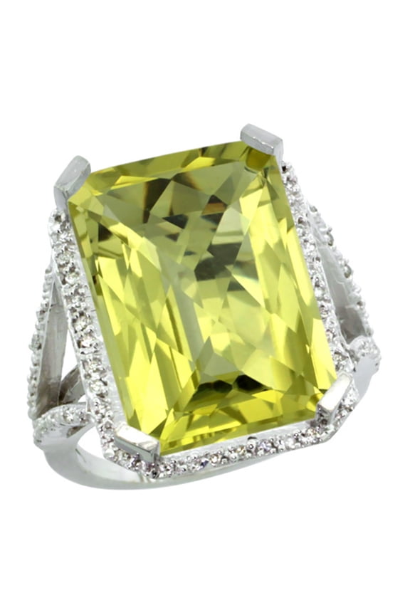 14K White Gold Diamond Natural Lemon Quartz Ring Emerald-cut 18x13mm, size 9.5