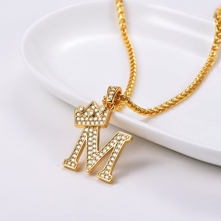 U7 Initial Crown Alphabet Necklace Cubic Zirconia Letter M