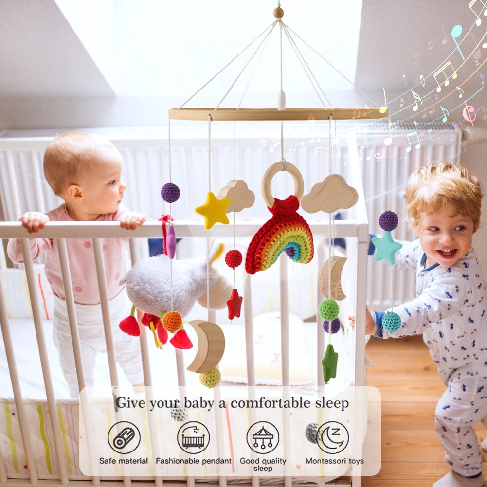 Wooden Baby Crib Bell – Rotating Wind Chime Mobile with Crochet Rainbow & Rocket Pendants, Soothing Hanging Toy for Newborns & Infants
