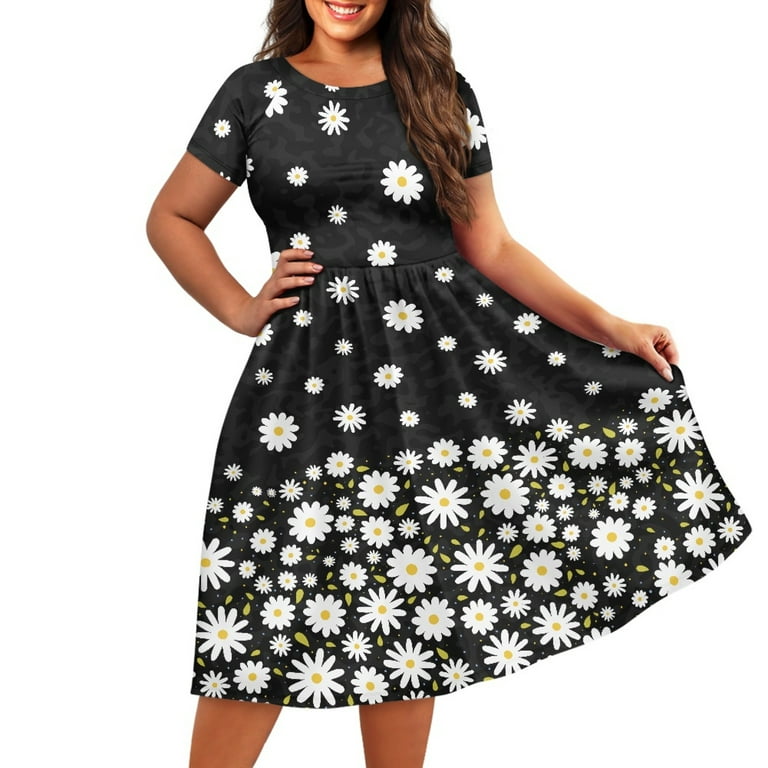 Scrawlgod Leopard Print Daisy Dress Women Summer Dresses with Sleeves Casual Soft Midi Skater Dress for Women Crewneck High Waist Casual Dresses Size