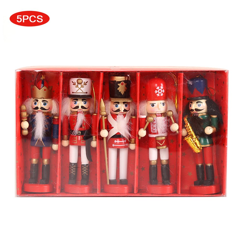 5PCS Nutcracker Ornament Set Wooden Figures Hanging Ornaments for