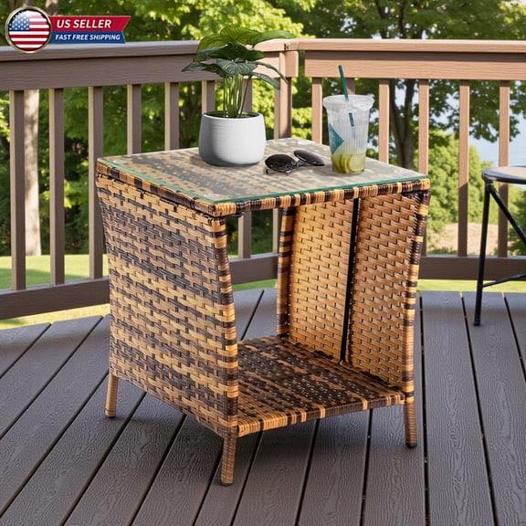 Hassch 18.11" Square Side Table, 2-Tier PE Rattan Patio Table with Tempered Glass Top and Sturdy Iron Frame, Indoor Outdoor End Table for Living Room Balcony Garden, Yellow