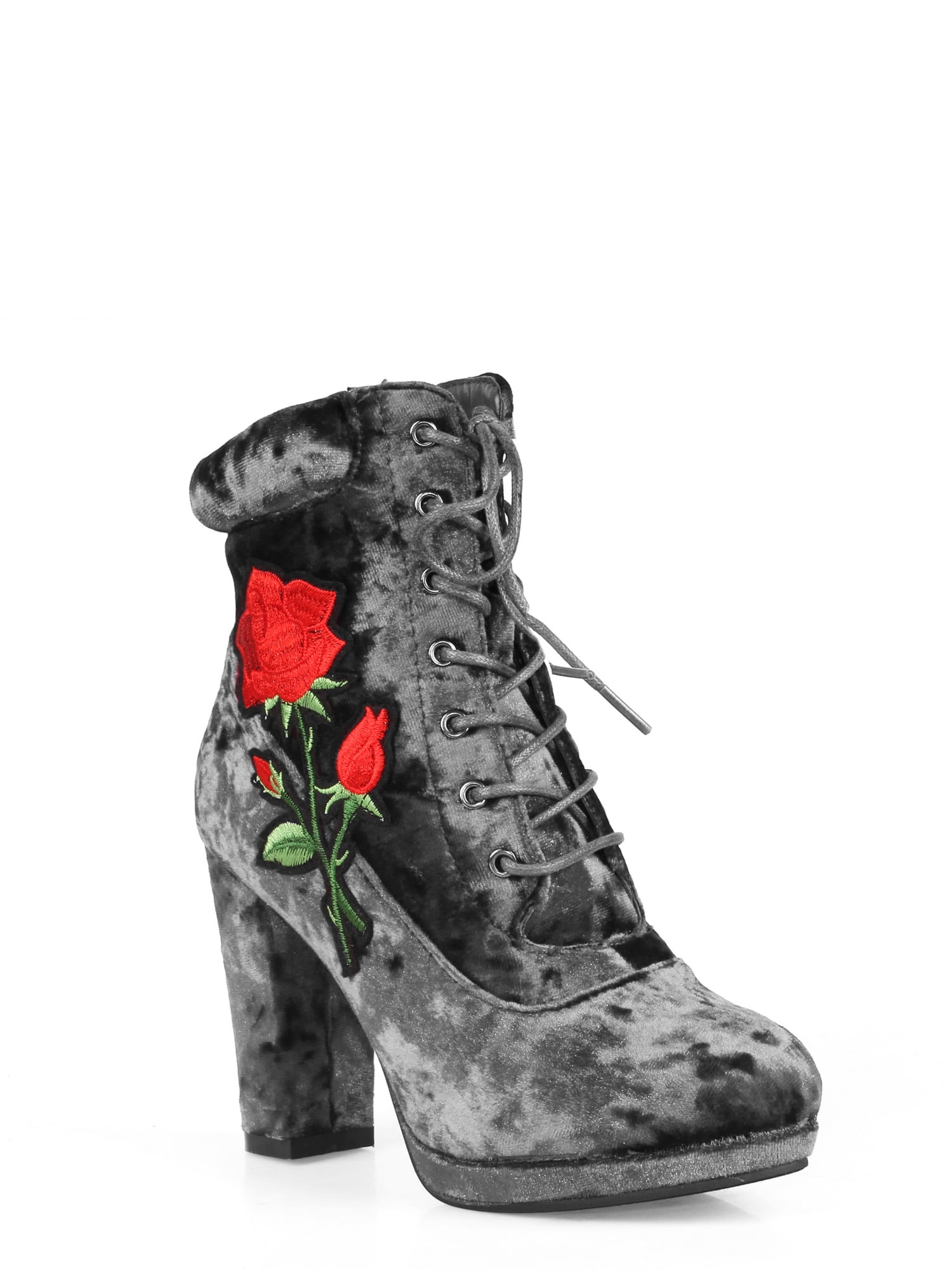 Nature breeze women's velvet rose detailed heel bootie in black Clearance