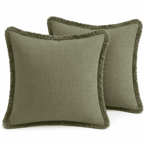 PLERISE Olive Green Fringe Pillow Covers, Set of 2, 20 x 20 inch Boho Farmhouse Linen Cushion Covers for Couch Sofa and Living Room Decor